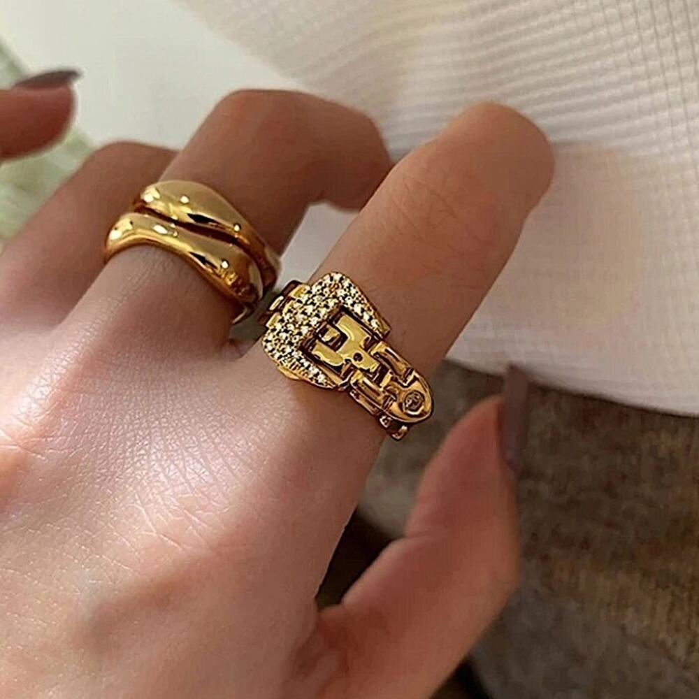 Gold Belt Buckle Bracelet Matching Ring Set, Zircon, Chain Link, Minimalist - Picture 12 of 13